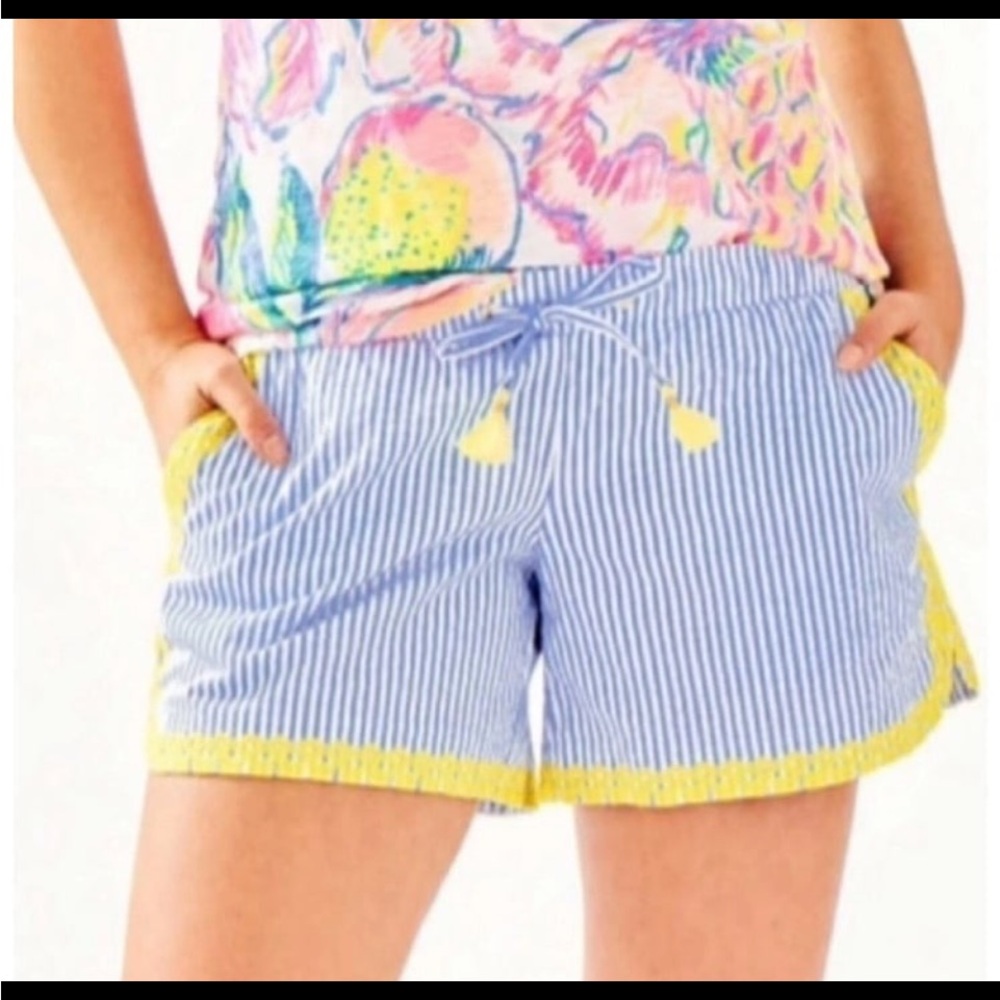 Lilly Pulitzer Katia Blue and Yellow Embroidered & Striped Shorts Size XSMALL - Picture 1 of 7